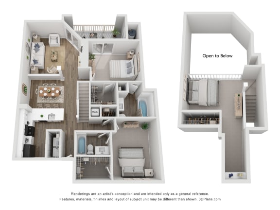 a stylized view of a 3 bedroom floor plan and an open to bedroom
