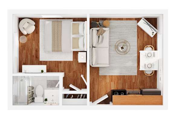 A top-down view of a bathroom with a toilet, sink, and towel rack.