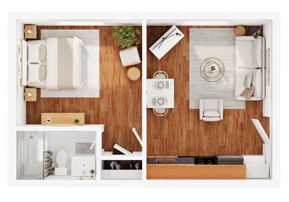 A top-down view of a small apartment with a bedroom and living room.