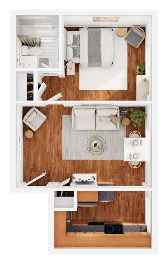 A top-down view of a small apartment with a kitchen, living room, and bathroom.