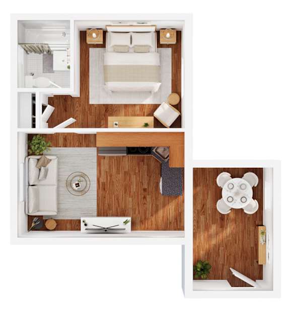 A top-down view of a small apartment with a bed, a desk, and a kitchenette.