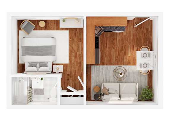 A modern living room with a white couch and a wooden wall.