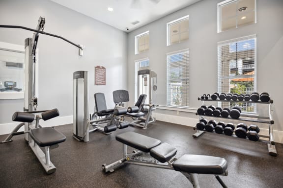 the gym with weights and equipment at the grove at cottonwood apartments
