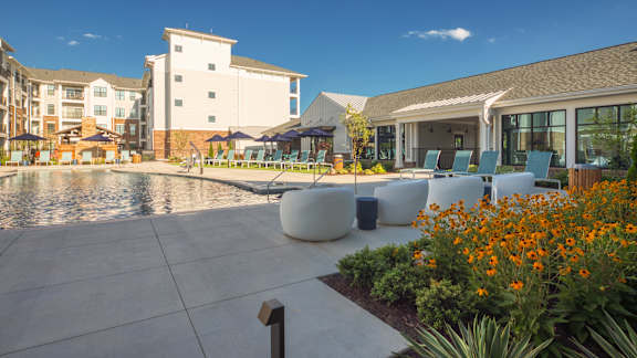 A sunny day at a resort with a pool, loungers and buildings in the background.