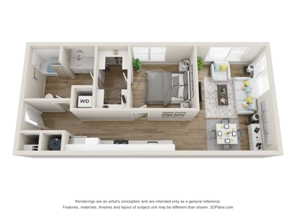 1 Bedroom 1 Bath Floor Plan | 722 Sq. Ft.  at The Falstaff, Raleigh, NC