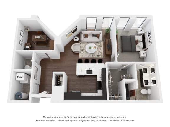 this is a 3d floor plan of a 824 square foot 1 bedroom apartment at Preston Centre