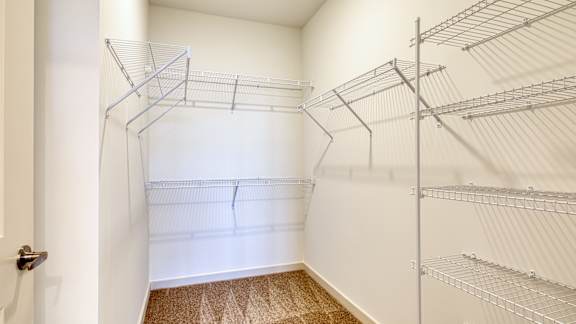 A walk in closet with shelves and a door at The Walker Virginia Center, Glen Allen, VA