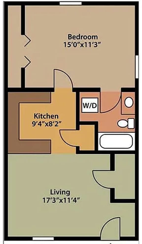 A floor plan of a room with a kitchen, living room, and bedroom.