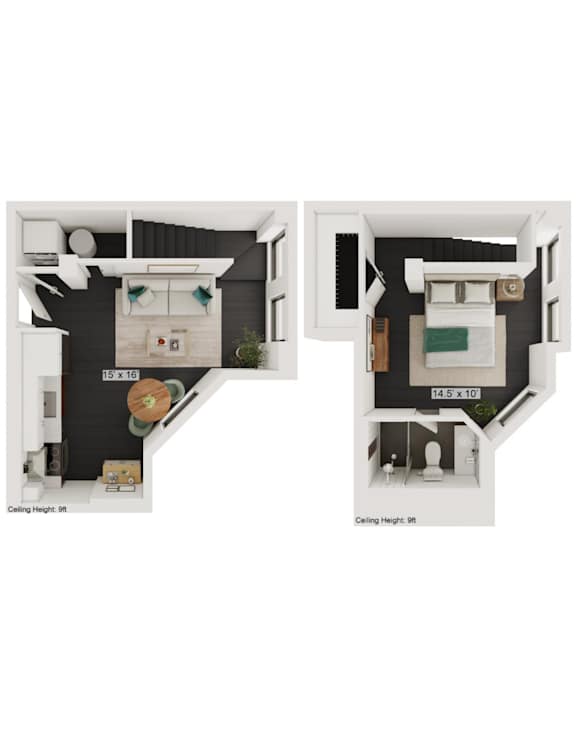 Two images of a small apartment layout, one with 9 ft ceilings and the other with 8 ft ceilings.