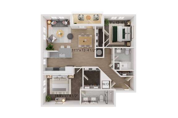 A floor plan of a two-bedroom apartment with a living room, kitchen, and bathroom.