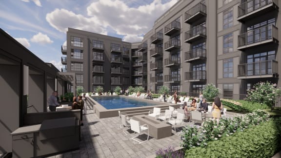 a rendering of the pool and patio area of the apartment building at Crossline, Columbus, 43201