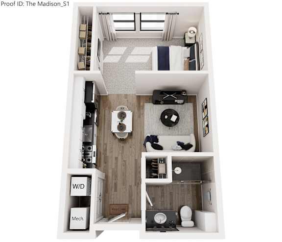 A top down view of a small apartment with a kitchen, living room and bathroom.