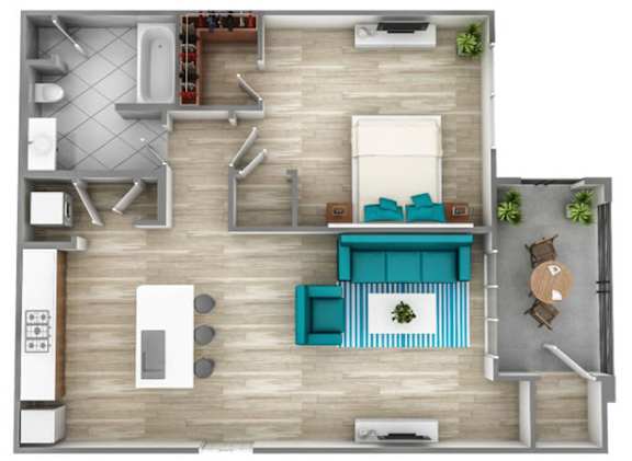 A top-down view of a modern living room with a sofa, coffee table, and kitchen area.