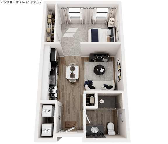 A top down view of a small apartment with a kitchen, living room, and bathroom.