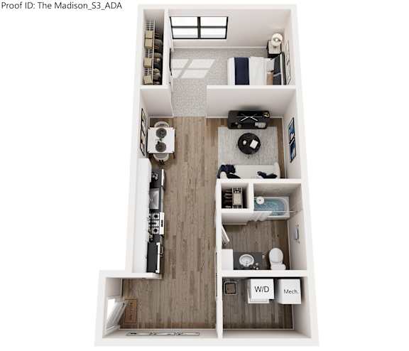 A floor plan of a small apartment with a kitchen, living room, and bathroom.