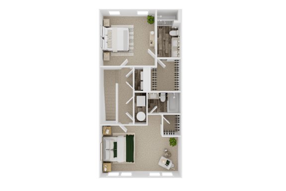 A floor plan of a house with a kitchen, living room, and two bedrooms.