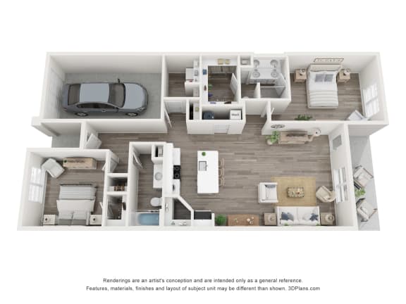 a 3d floor plan of a 1 bedroom apartment at River Rock at Shingletree, Carolina Shores, NC 28467