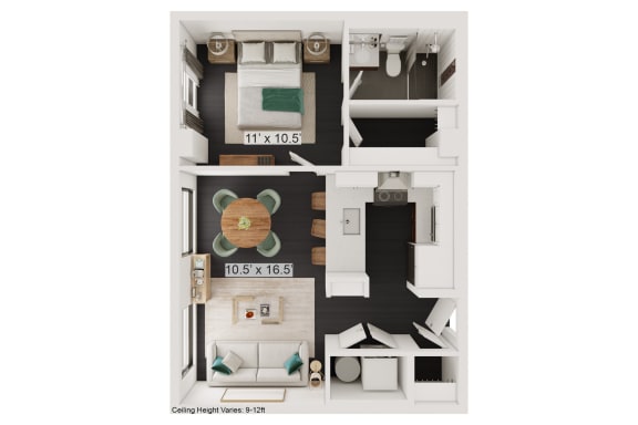 a furnished floor plan of a 1 bedroom apartment
