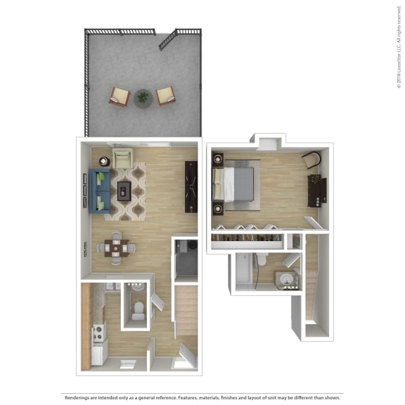 a stylized floor plan of a 1 bedroom apartment