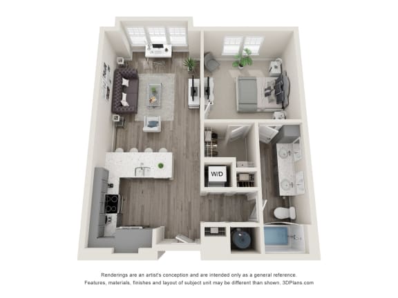 a 3d floor plan of a 555 sq. ft. apartment