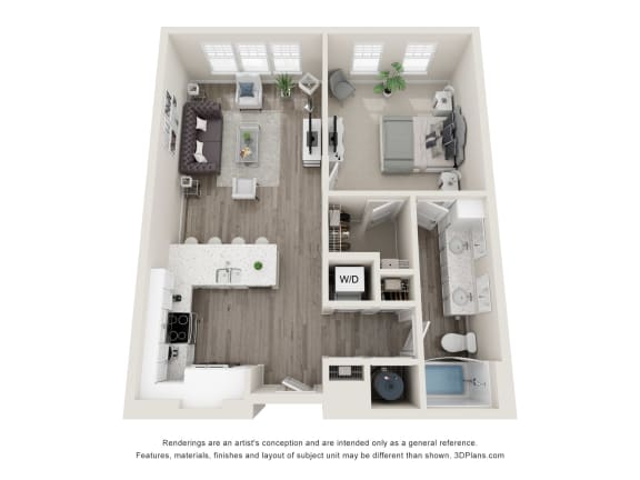 a 3d floor plan of a 1 bedroom apartment