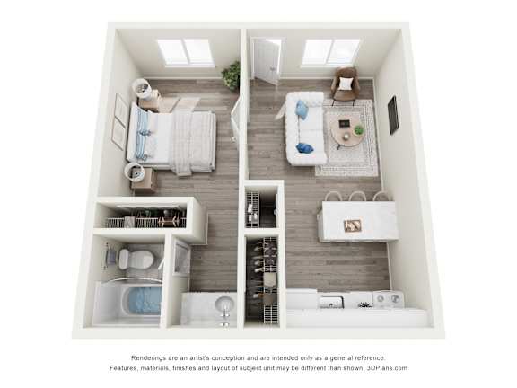 A 3D floor plan of a small apartment with a bedroom, living room, and bathroom.