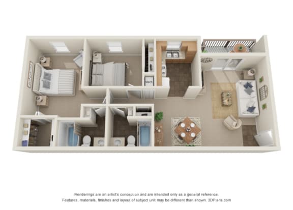 2 Bed 2 Bath - 2C Floor Plan | 1,028 Sq. Ft. at The Everett  Apartments in Roanoke, VA 24018