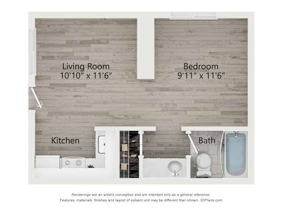 A floor plan shows a living room, bedroom, kitchen, and bathroom layout.
