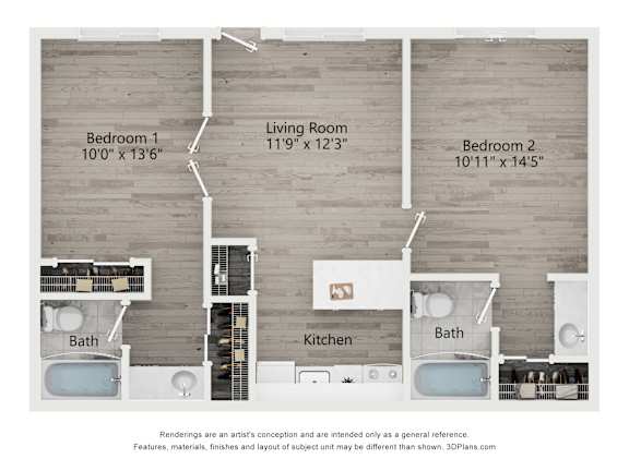 A 3D floor plan of a small apartment with two bedrooms, a living room, a kitchen, and two bathrooms.