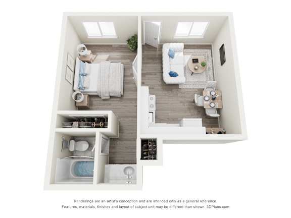 A floor plan of a small apartment with a bedroom, living room, and bathroom.
