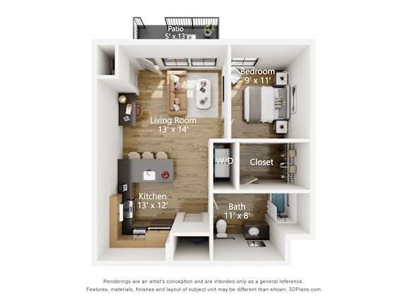 A 3D floor plan of a small apartment with a living room, bedroom, kitchen, bathroom, and patio.