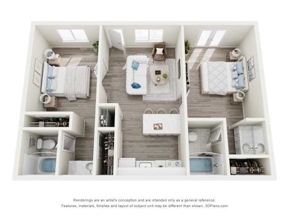 A 3D floor plan of a small apartment with two bedrooms, a living room, and a kitchen.
