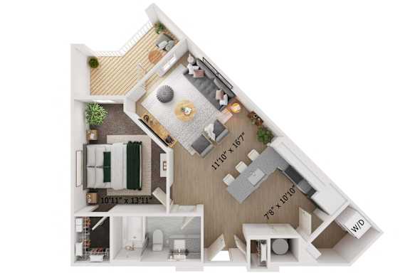 A floor plan of a house with a living room, kitchen, and two bedrooms.