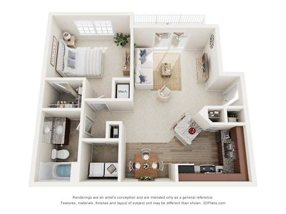 A floor plan of a small apartment with a kitchen, living room, and bathroom.