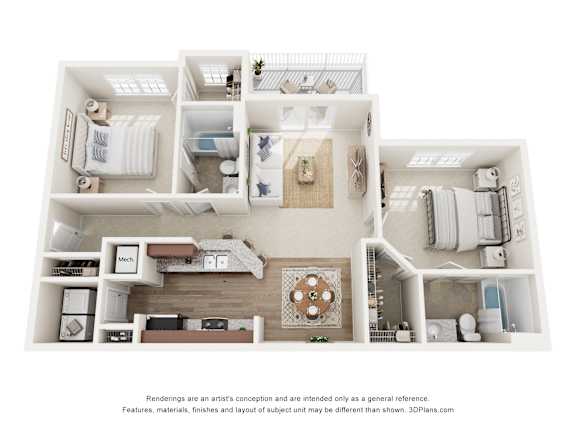 A 3D floor plan of a house with a kitchen, living room, and bathrooms.