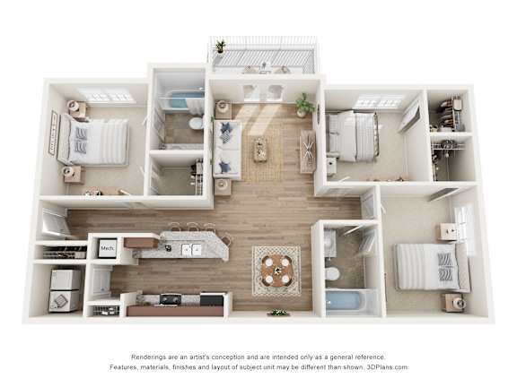 A 3D floor plan of a house with a kitchen, living room, and bathrooms.