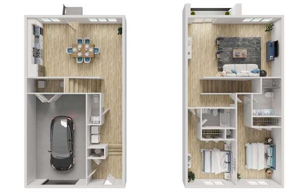 A diagram of a small apartment with two bedrooms and a living room.