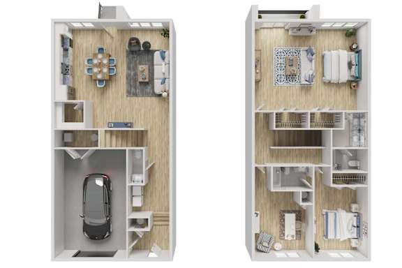 Two images of a small apartment layout with a car in the garage.