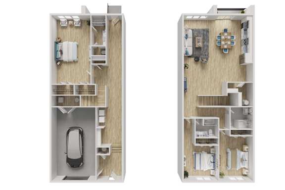 Two images of a small apartment layout with a carpeted floor and a kitchen area.