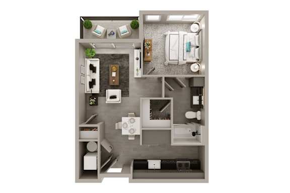 A top-down view of a small apartment with a kitchen, living room, and bathroom.