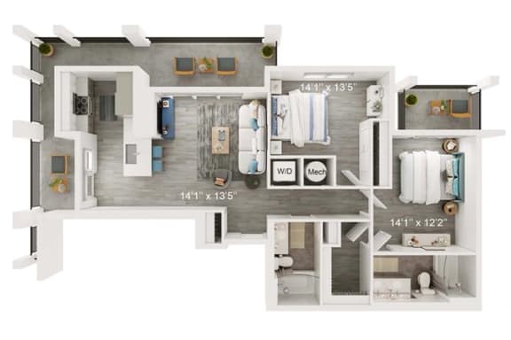 Anchorage Floor Plan | 1,138 Sq. Ft. at The Port at East Beach Apartments and Marina, Norkfolk
