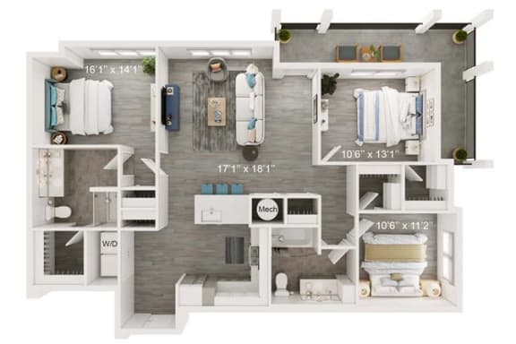 Crown Floor Plan | 1,643 Sq. Ft. at The Port at East Beach Apartments and Marina, Norkfolk, VA, 23518