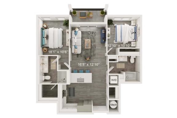 Promenade Floor Plan | 1,123 Sq. Ft. at The Port at East Beach Apartments and Marina, Norkfolk