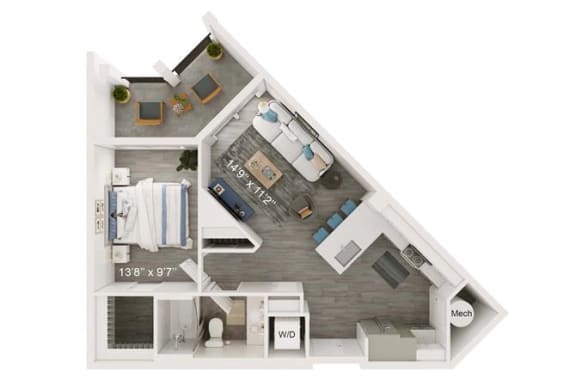 Shell Floor Plan | 805 Sq. Ft. at The Port at East Beach Apartments and Marina, Norkfolk, VA