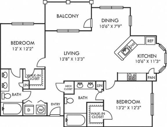 2 Bed 2 Bath Floor Plan | 1,183 Sq. Ft. at Addison Crater Woods, Petersburg, VA 23805