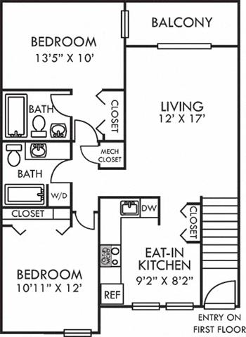 2 Bed 2 Bath Floor Plan | 881 Sq. Ft. at Addison Crater Woods, Petersburg