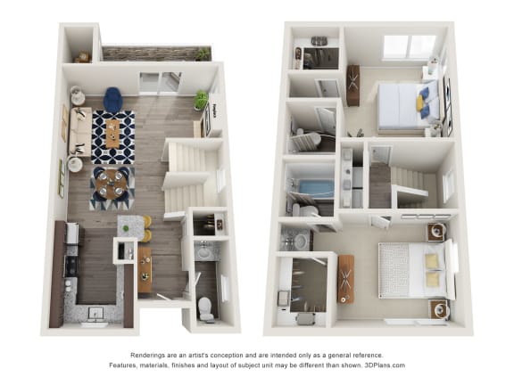 a stylized floor plan of a 2 bedroom apartment