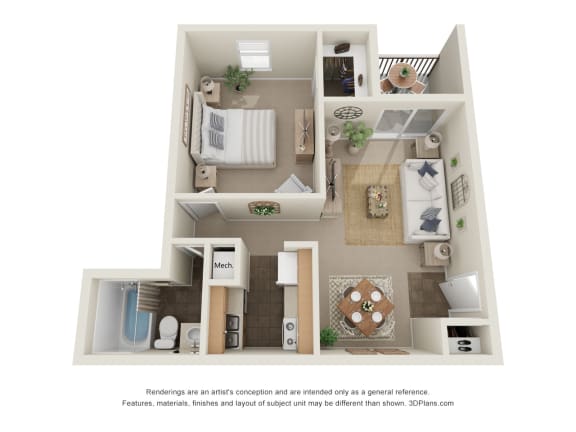 1 Bed 1Bath - 1A Floor Plan | 641 Sq. Ft. at The Everett  Apartments in Roanoke, VA