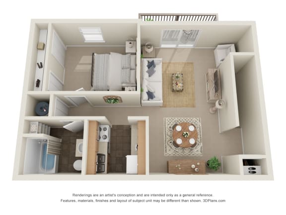 1 Bed 1Bath - 1C  Floor Plan | 665 Sq. Ft. at The Everett  Apartments in Roanoke, VA 24018
