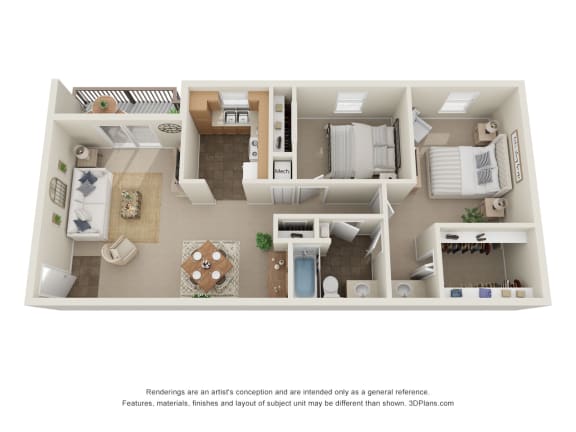 2 Beds 1 Bath Floor Plan | 1,028 Sq. Ft. at The Everett Apartments , Roanoke, VA